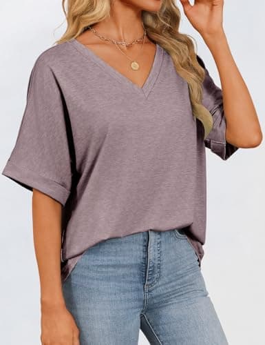 Womens Oversized T Shirts V Neck Loose Fit Shirts Short Sleeve Summer Casual Tops 2025 Trendy Blouses Y2K Plain Tees Gray Purple XL - Thumbnail 3