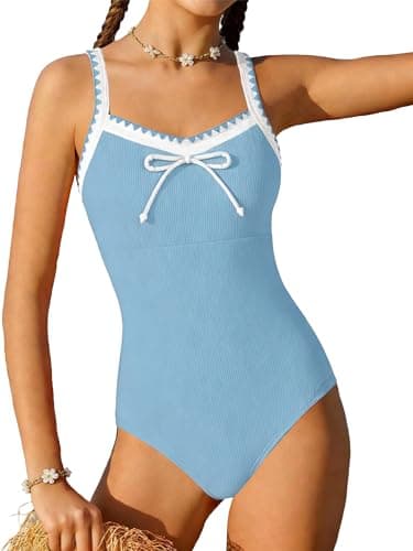 AMAWMW Girls Bathing Suit Swmsuits Contrasting Trims Adjustable Straps Swim Suit One Piece Swimwear for Girls 7-16 Years, Sky Blue, 9-10 Years - Image 1