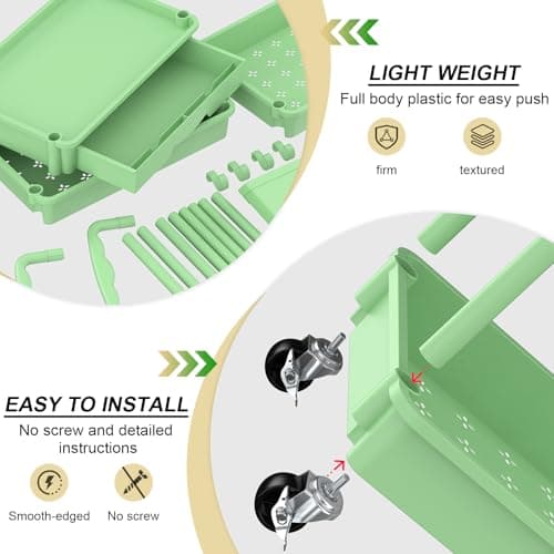 Goovilla 3 Tier Rolling Utility Cart Organizer with Removable Drawer, Stable and Sturdy Green Rolling Storage Carts with 2 Lockable Wheels for Bathroom, Kitchen, Snack, Craft, Makeup, Baby Essentials - Thumbnail 3