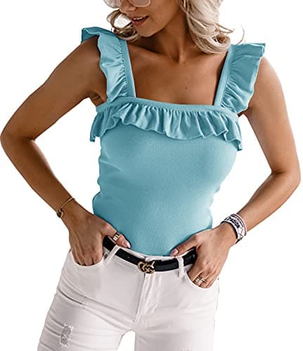 CNJFJ Womens Cute Sleeveless Tank Tops Ruffle Strap Square Neck Blouse Solid Color Knitted Camisole Sky Blue - Image 1