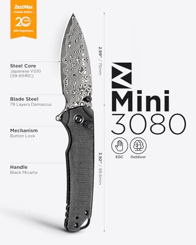 ZestMax Damascus Folding Pocket Knife, 2.99" Blade Micarta Handle Sharp Cool Small EDC Pocket Knives with Clip for Men Women Camping Hiking Survival Outdoor Mini 3080MB (Black) - Thumbnail 6