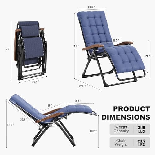 PURPLE LEAF Outdoor Reclining Chair Set of 2 Patio Zero Gravity Chaise Lounge Folding Chair with Removable Cushion Adjustable Headrest for Lawn Camping Beach Pool Navy Blue - Thumbnail 2