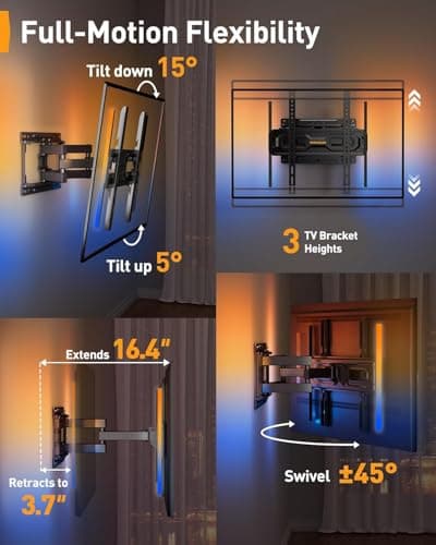 Perlegear AuraFrame™ Pre-Assembled TV Wall Mount with LED Lights for 26-65 inch TVs up to 99 lbs, Max VESA 400x400mm, Swivel, Extension, Tilt, TV Backlights with Music Sync, Fits 16”/12” Wood Studs - Thumbnail 6