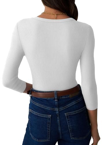 GKBK Womens 3/4 Sleeve Ribbed Tops Fitted Basic Tee Shirts Casual Crewneck Tight Layering 2025 Fall Fashion Outfits White - Thumbnail 4