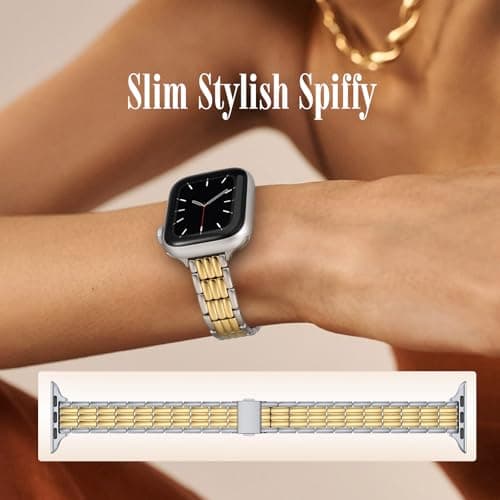 Wearlizer Slim Stainless Steel Band Compatible with Apple Watch Bands 44/45/46/49/42mm Women, Dressy Pretty Metal Strap Bracelet for iWatch Series 11 10 9 8 7 6 5 4 SE/Ultra 3 2 1 Silver/Gold - Thumbnail 4