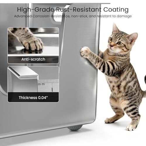 Stainless Steel Cat Litter Box 11.8” High Sides, Large Metal Litter Box with Low Entry for Big Cats, Leak-Proof Pet Toilet Kitty Litter Pan with Wheels for Mobility, Easy to Clean & Non-Stick - Thumbnail 6