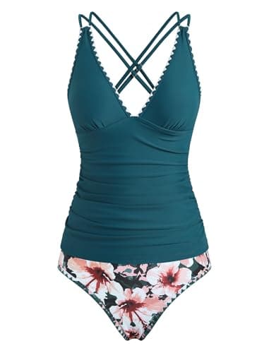 ZAFUL Tankini Swimsuits for Women V Neck Push Up Two Piece High Waisted Swimwear Color Block Tankini Swimsuit Modest Bathing Suit with Shorts (Blue Bloom XL) - Thumbnail 3