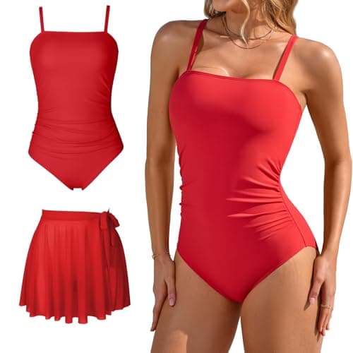 Charmo Womens One Piece Swim Dress Modest Tummy Control Swimsuit Slimming Mesh Bathing Suit Swimwear Red - Image 1