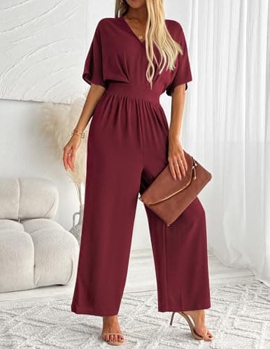 LOOKBOHO Womens Short Sleeve Dressy Jumpsuits V Neck Wide Leg Pant Romper Casual Wedding Party One Piece Outfits Red M - Thumbnail 4