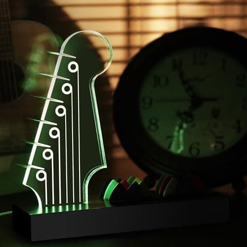Light Up Guitar Pick Holder—Electric Guitar Headstock Design with 7-Color Changing Lights,Gifts for Music Lovers,Guitar Pick Display and Storage With Wooden Base&Phone Stand,Guitar Accessories. - Thumbnail 6