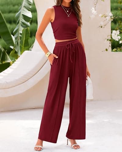 BTFBM Summer Outfits For Women 2026 Ribbed Sleeveless Tank Tops Wide Leg Pants 2 Piece Sets Lounge Set Clothing(Wine Red, X-Large) - Thumbnail 4