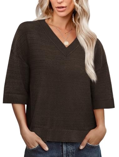 WIHOLL Business Casual Outfits for Women 3/4 Length Sleeve Sweaters Lightweight V Neck Spring Tops Office Work Blouses Dressy Summer Fashion Womens Clothing Chocolate Brown XL - Thumbnail 4
