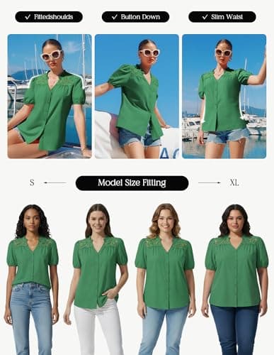 GRACE KARIN Women's 2026 Summer Casual Tops, Dressy Short Sleeve Lace Shirts, V Neck Button Down Work Blouses Outfits Shirt Green M - Thumbnail 4