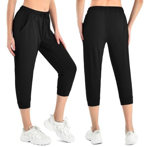 Walifrey Capri Pants for Women with Pockets, Cropped Joggers Drawstring Sweatpants for Lounging Workout and Gym Black,1 Pack Black S - Thumbnail 2