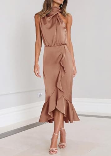 KIRUNDO Women 2026 Spring Summer Satin Mock Neck Wedding Guest Party Cocktail Midi Dress Sleeveless Wrap Ruffle Formal Dress(Champagne, Small) - Thumbnail 2