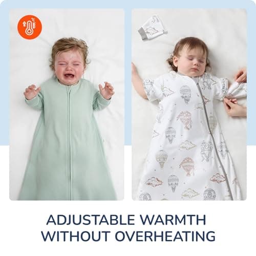 Baby Sleep Sack 6–12 Months, Cotton Sleep Sack with Detachable Long Sleeves, 1.0 TOG Wearable Blanket for Cooler Nights, 2-Way Zipper Toddler Sleeping Sack with Temperature Strip, Hot Air Balloon - Thumbnail 2