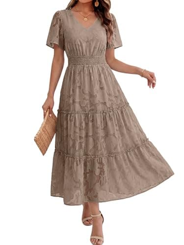 Caracilia Womens 2026 Spring Wedding Guest Maxi Dress Summer Boho Floral Short Sleeve V Neck Beach Vacation Tea Party Dresses Khaki Small - Image 1