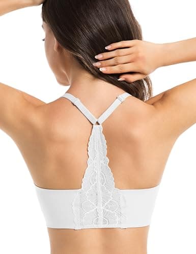 Lusait Lace Bralettes for Women Full Coverage Sexy No Underwire Deep V Racerback Bra Comfort Padded Bras White M - Image 1
