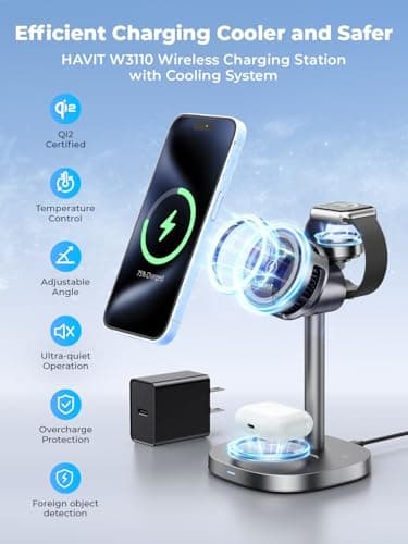 havit Qi2 3 in 1 Wireless Charging Station, 15W Magnetic Charger with Cooling Fan for iPhone 17/16/15/14/13/12, Apple Watch & AirPods, Adjustable Stand, 45W Adapter Included - Thumbnail 2