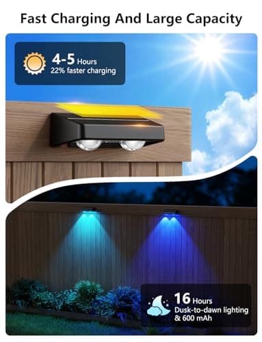 nibuuecer Solar Fence Lights Outdoor, 4 Pack Color Changing Fence Lights Solar Powered with 9 RGB Colors & 11 Lighting Modes, IP65 Waterproof Dusk to Dawn Fence Lights for Patio, Deck, Wall, Backyard - Thumbnail 4