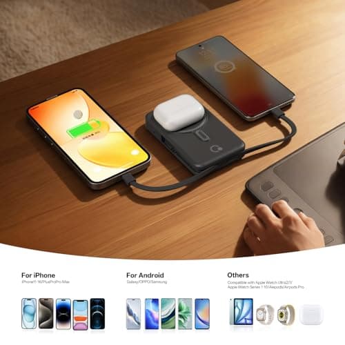 Q Magnetic Portable Charger 10,000mAh, Travel Essentials Wireless Power Bank with Built-in Cables & Foldable Stand, External Battery Pack Compatible with iPhone 17/16/15/14/13/12, Apple Watch - Thumbnail 5
