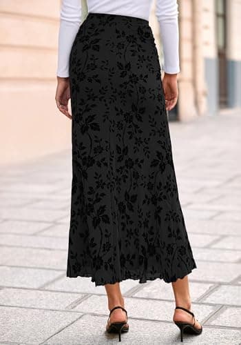BTFBM Womens Floral Mesh Maxi Skirt 2026 Spring Summer Elastic High Waisted Boho Elegant Mermaid Long Skirts for Women(Black, X-Small) - Thumbnail 3