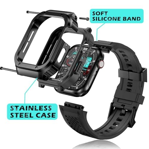Deczone Band with Stainless Steel Case Compatible with Apple Watch Series SE 3 2 1/6 5 4 44mm, Series 3 2 1 42mm Band, iwatch Bands Rugged Protective Meatl Cover for Men (Black) - Thumbnail 2