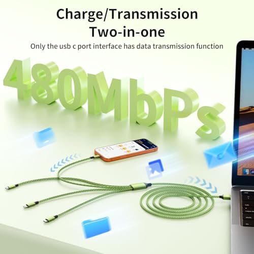 Travel Essentials, Dual Type-C 4 in 1 Charging Cable 2 Pack 5FT Multi Charging Cables for All Devices,iPhone Charger Cord Adapter 2 USB-C/IP/Micro Port for Phones,Pad,Galaxy (Fluorescent green) - Thumbnail 5
