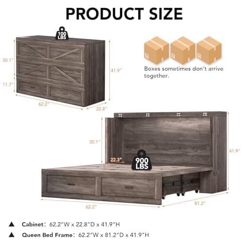 janiry Queen Size Murphy Bed with Charging Station，Murphy Bed Cabinets with Foldable Panel for Small Spaces or Bedroom,Office,Grey - Thumbnail 3