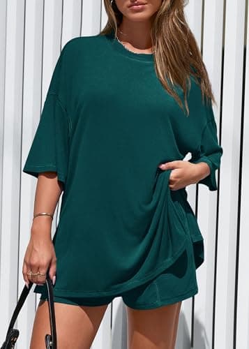 KIRUNDO 2 Piece Sets for Women Summer Lounge Sets Casual Oversized Tshirts Shorts Matching Airport Travel Outfits Postpartum(Peacock Green, X-Large) - Thumbnail 3