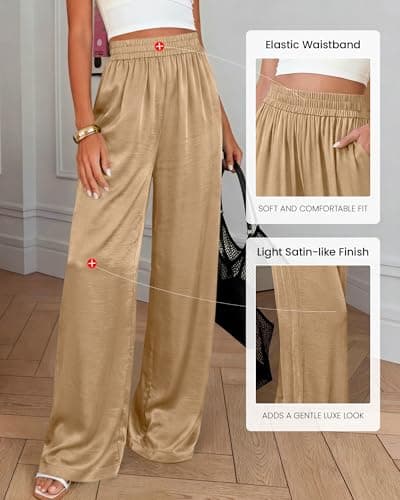 BTFBM Wide Leg Pants Woman Summer 2026 Pockets Dressy Flowy Lightweight Glitter Satin Palazzo Beach Vacation Clothes(Khaki, Large) - Thumbnail 4