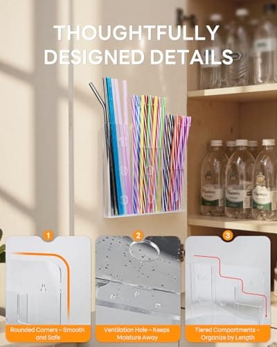 8" Acrylic Straw Holder for Cabinet Door – Wall Mounted Straw Organizer with Height Dividers, Adhesive Kitchen Accessories Storage Rack for Inside Cabinet or Cupboard Door - Thumbnail 5