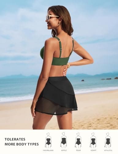 Hanna Nikole Women's Plus Size High Waisted Swimsuit Vintage Bikini Sets Mesh Layered Skirts with Brief Sporty XL Green Black - Thumbnail 4