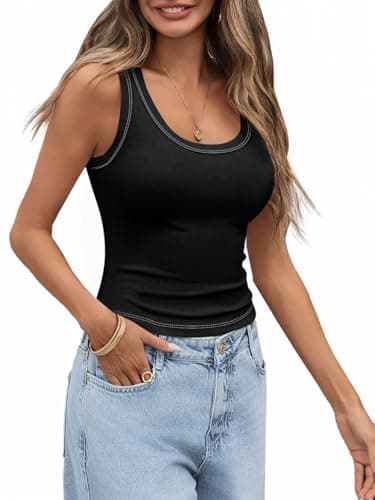 Tankaneo Womens Summer Ribbed Tank Top Casual Ringer Scoop Neck Sleeveless Knit Fitted Tops Going Out Tee Shirts Black - Image 1