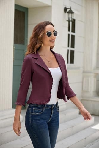 GRACE KARIN Womens Casual Work Office Blazer Open Front Cardigan Jacket Bolero Shrug Burgundy XXL - Thumbnail 5