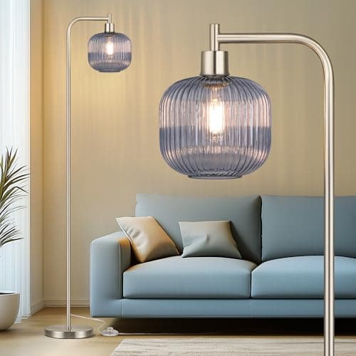 QiMH Glass Floor Lamp for Living Room, 67” Modern Standing Lamp with Blue Ribbed Glass Lampshade Pedal Switch Tall Lamp for Bedroom, Brushed Silver(2700K LED Bulb Included) - Image 1