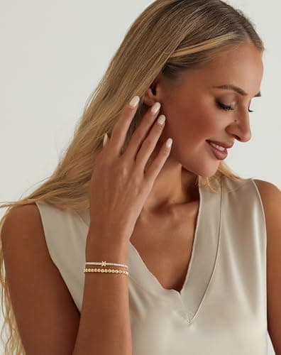 14K Gold Plated Bracelets for Women Dainty Tennis Initial Bracelet Trendy Beaded Stackable Charm Bracelets Layered Waterproof Bracelet Dainty Bracelet for Women Jewelry Gifts （X - Thumbnail 2