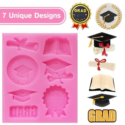 Chocolate Molds Graduation Candy Silicone Molds Fondant Tools for Graduation Cake Topper Decorations Cupcake Toppers Congratulations Congrats Grad Cap Diploma Class of 2026 Party Favors, 7 Cavities - Thumbnail 2