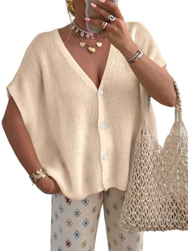 PRETTYGARDEN Button Up Lightweight Short Sleeve Cardigans for Women Trendy 2026 Casual Knit Open Front Maternity Clothes (Beige, XX-Large) - Image 1