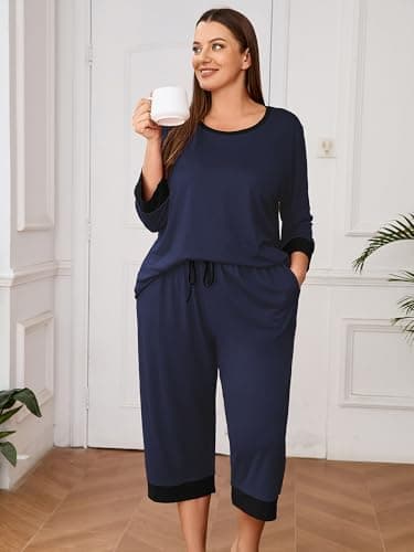AusLook Women’s Plus Size Pajama Sets Navy Blue 3X Soft 3/4 Sleeve Nightwear Top and Capri Pants Lounge Set with Pockets - Thumbnail 4