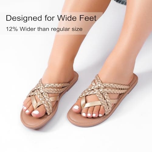Ruiee Wide Width Sandals for Women, Summer Flip Flops Wide Feet Flat Slides Casual Braided Comfort Slip on Breathable Cute Sandal. 258009 Gold Size11 - Thumbnail 3