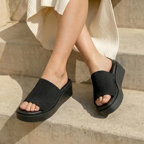 Athlefit Women's Slip On Platform Sandals Comfortable Open Toe Flatform Chunky Black Sandals Size 7 - Thumbnail 2
