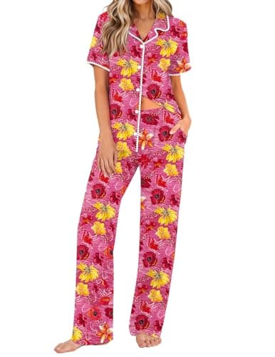 Ekouaer Women's Pajama Sets Button Down Loungewear Short Sleeve Sleepwear 2 Piece Pants Pjs Set with Pockets Red Flowers L - Image 1
