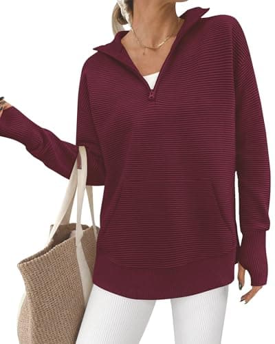 BTFBM Sweaters for Women Fall Clothes 2026 Pocket Quarter Zip Pullover V Neck Long Sleeve Knit Trendy Winter Sweater(Burgundy, Large) - Image 1