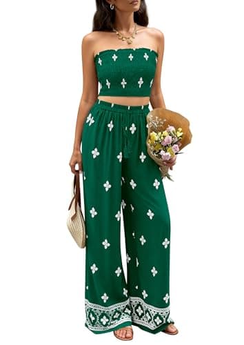 PRETTYGARDEN 2 Piece Sets for Women Summer 2026 Fashion Clothing Boho Tube Tops Wide Leg Pants Cruise Beach Vacation Outfits (Green,X-Large) - Image 1