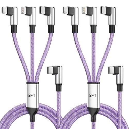 Jogrytece 90 Degree 3-in-1 Multi Charging Cable 2Pack 5FT - Right Angle USB C to Type C/IP/Micro USB, Gamer & Travel Essential for iPhone 17-12, Galaxy, Huawei, iPad and More - Image 1