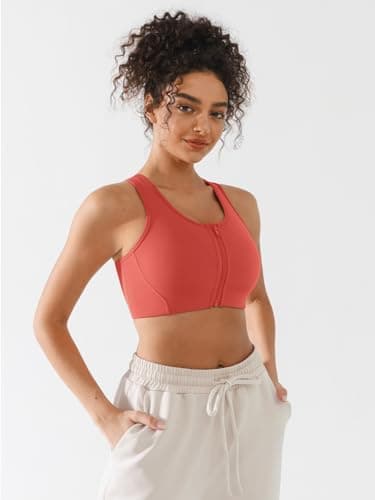 BRXL High Support Front Zip Sports Bra for Women with Phone Pocket Padded Racerback Workout Gym Running Yoga Bra Red - Thumbnail 2