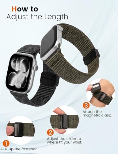 Crodi 2 Packs Nylon Loop Sport Bands Compatible with Apple Watch Band 44/45/46/49/42mm Women Men, Strong Magnetic Adjustable Straps for iWatch Series 11 10 9 8 7 6 5 4 SE/Ultra 3 2 1, Black&Green - Thumbnail 4