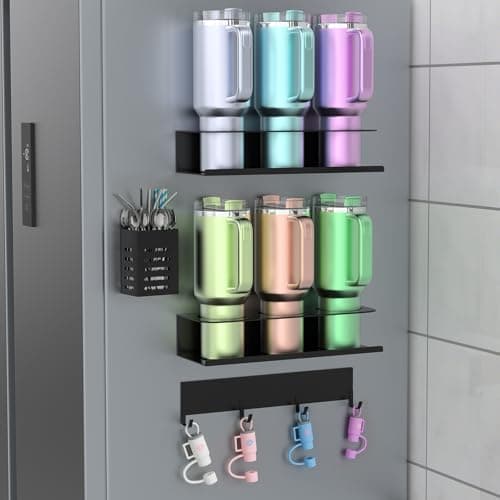 POLRAI 4 Pack Magnetic Cup Holder for Refrigerator, Water Bottle Organizer for Stanley and Tumbler, Accessory with Lid Hook Straw Holder and Double Sided Tape for Kitchen Fridge Cabinet - Image 1