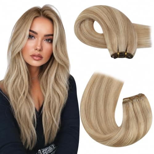 Moresoo Sew in Hair Extensions Real Human Hair, Ash Blonde Highlight Remy Straight Double Weft Hair Extensions, Seamless Blonde Blend for Volume and Length 24 Inch 100g - Image 1